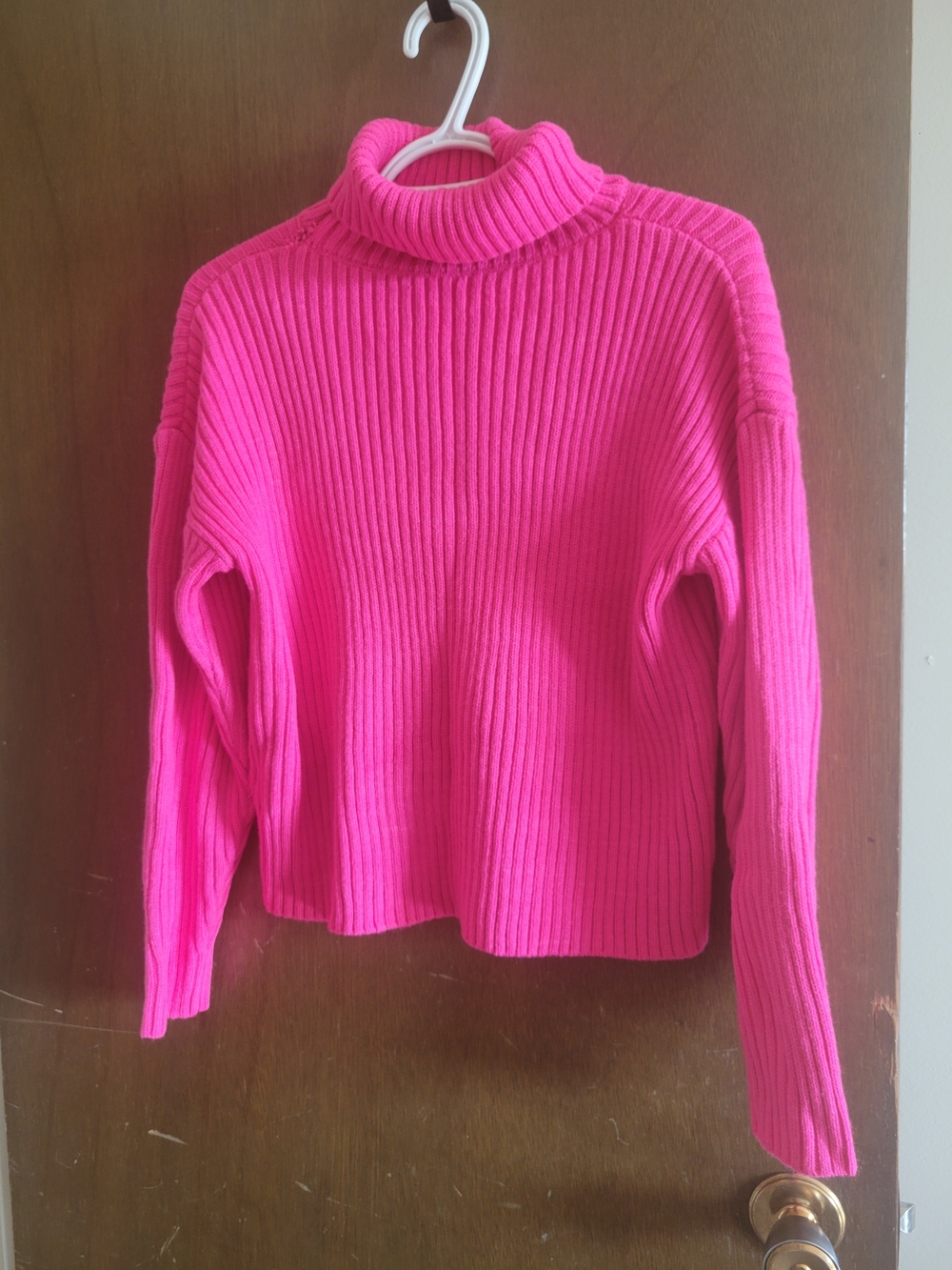 Women's Ribbed Cowl Neck Sweater in Hot Pink